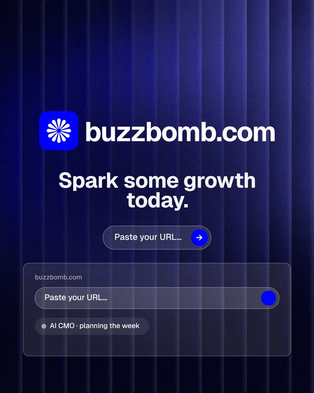 Instagram portrait post for BuzzBomb: "Spark some growth today." Agentic glass style, logo hero layout, dark palette in black, blue, grey.