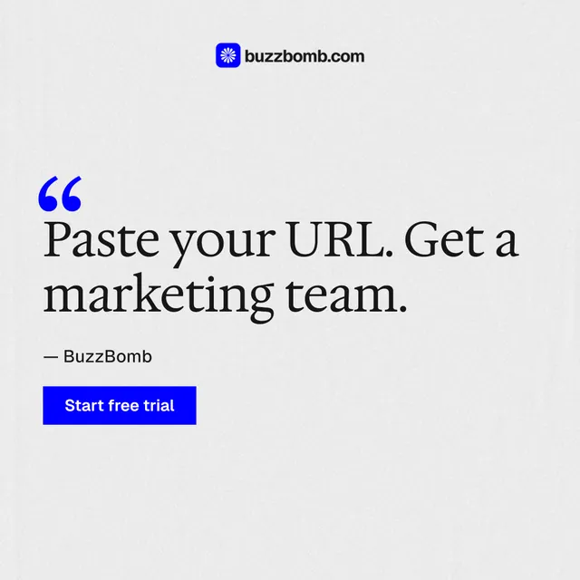 Instagram post for BuzzBomb: "Seven agents. One chat." Swiss style, quote layout, light palette in white, blue.