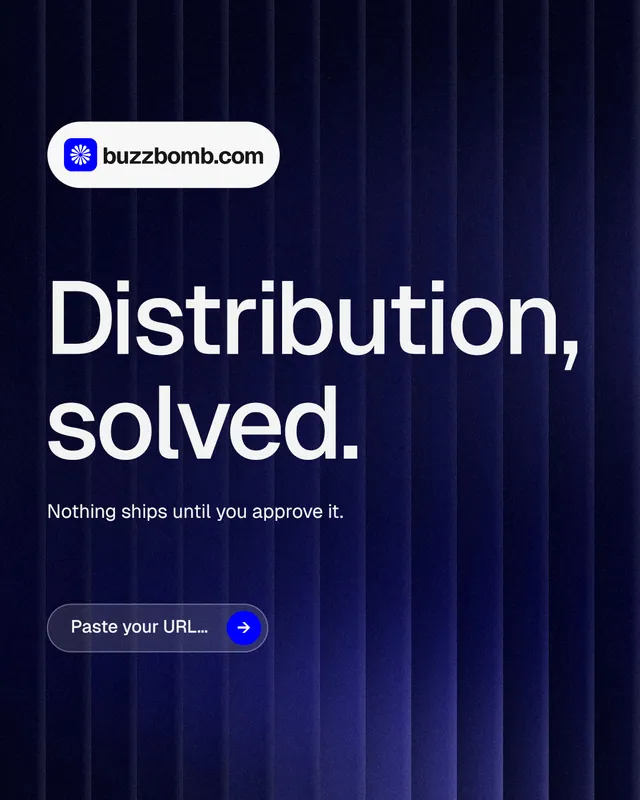 Instagram portrait post for BuzzBomb: "Distribution, solved." Agentic glass style, announce layout, dark palette in black, blue, grey.