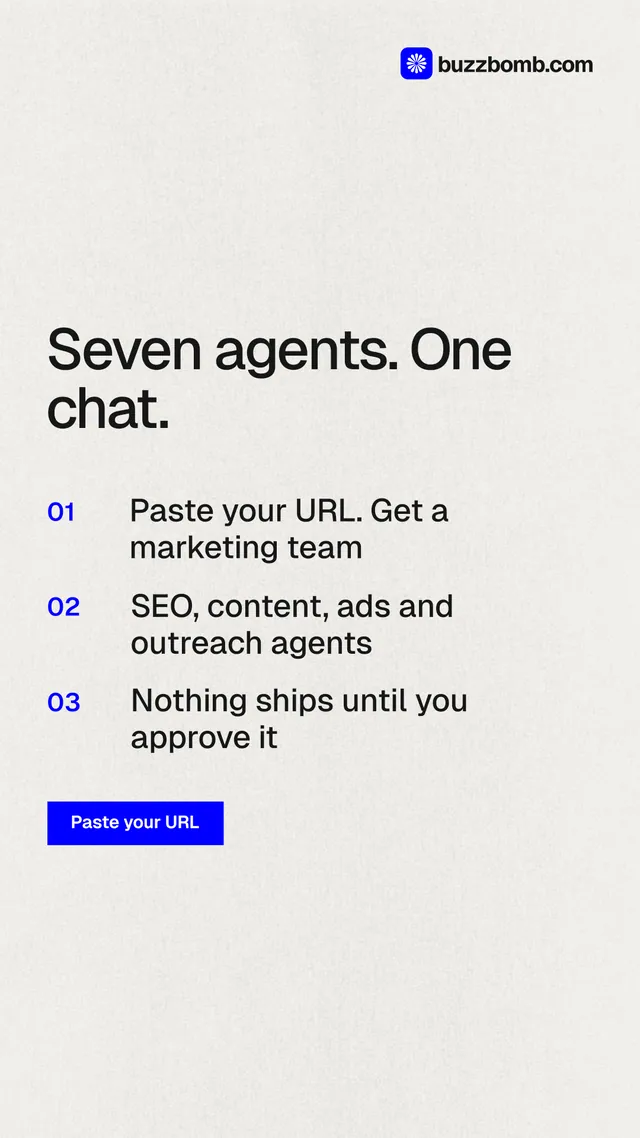 Instagram story for BuzzBomb: "Seven agents. One chat." Swiss style, numbered layout, light palette in white, grey.