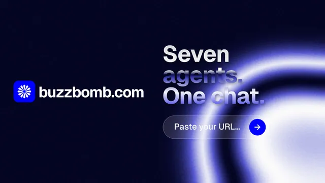 Landscape graphic for BuzzBomb: "Seven agents. One chat." Agentic glass style, logo hero layout, dark palette in black, blue.