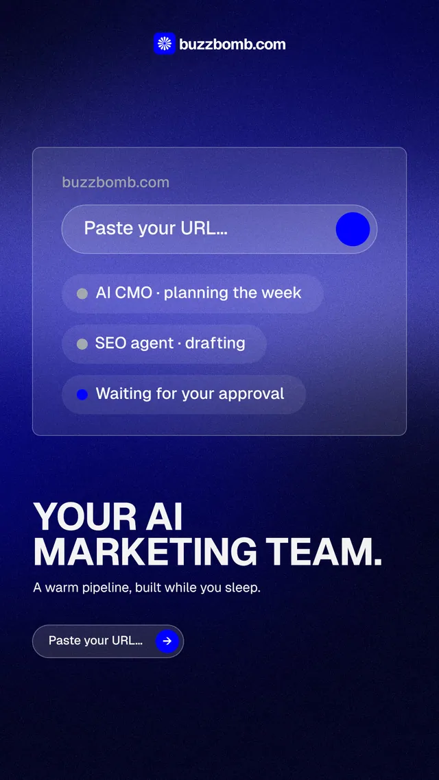 Instagram story for BuzzBomb: "Your AI marketing team." Agentic glass style, bottom layout, dark palette in black, blue.