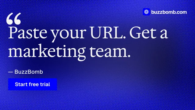 Landscape graphic for BuzzBomb: "Paste your URL." Swiss style, quote layout, dark palette in blue.