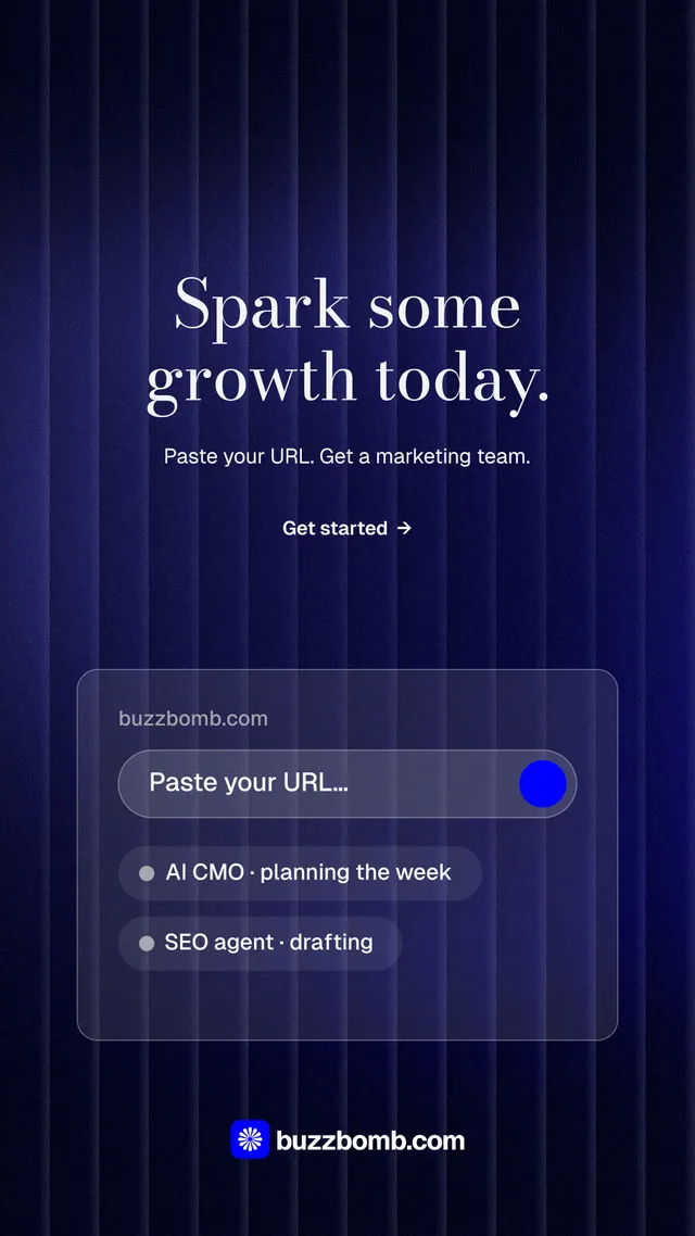 Instagram story for BuzzBomb: "Spark some growth today." Minimal luxury style, centred layout, dark palette in black, blue.