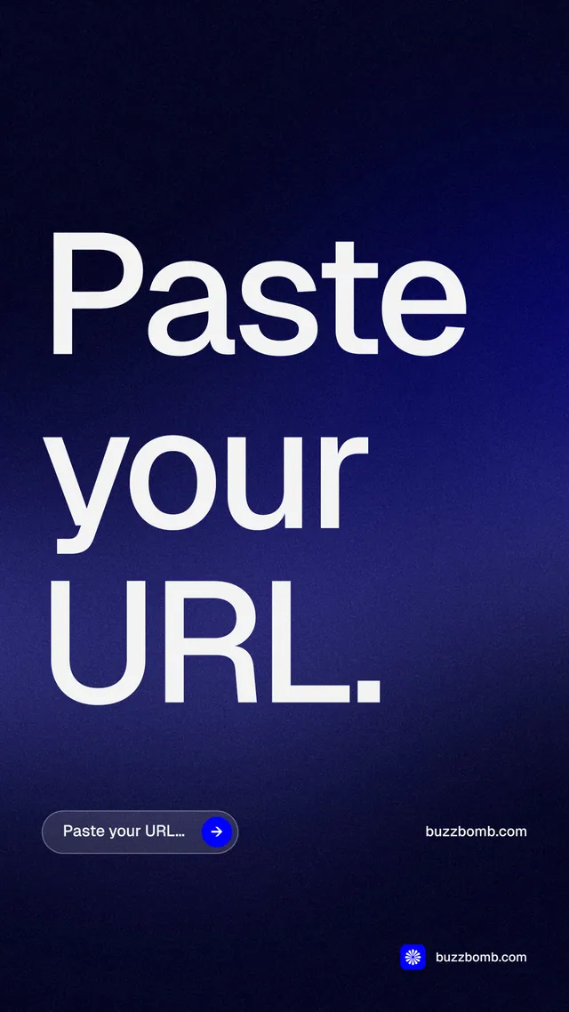 Instagram story for BuzzBomb: "Paste your URL." Agentic glass style, poster layout, dark palette in black, blue, grey.