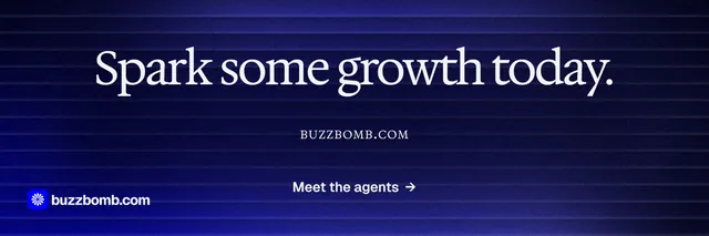 X header for BuzzBomb: "Spark some growth today." Agentic glass style, smallcaps layout, dark palette in black, blue.