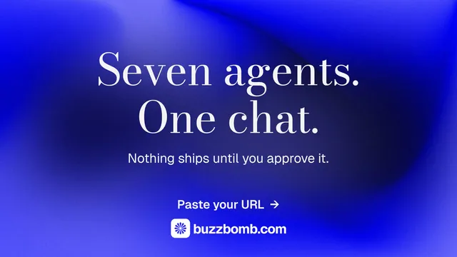 Landscape graphic for BuzzBomb: "Seven agents. One chat." Minimal luxury style, centred layout, dark palette in blue.