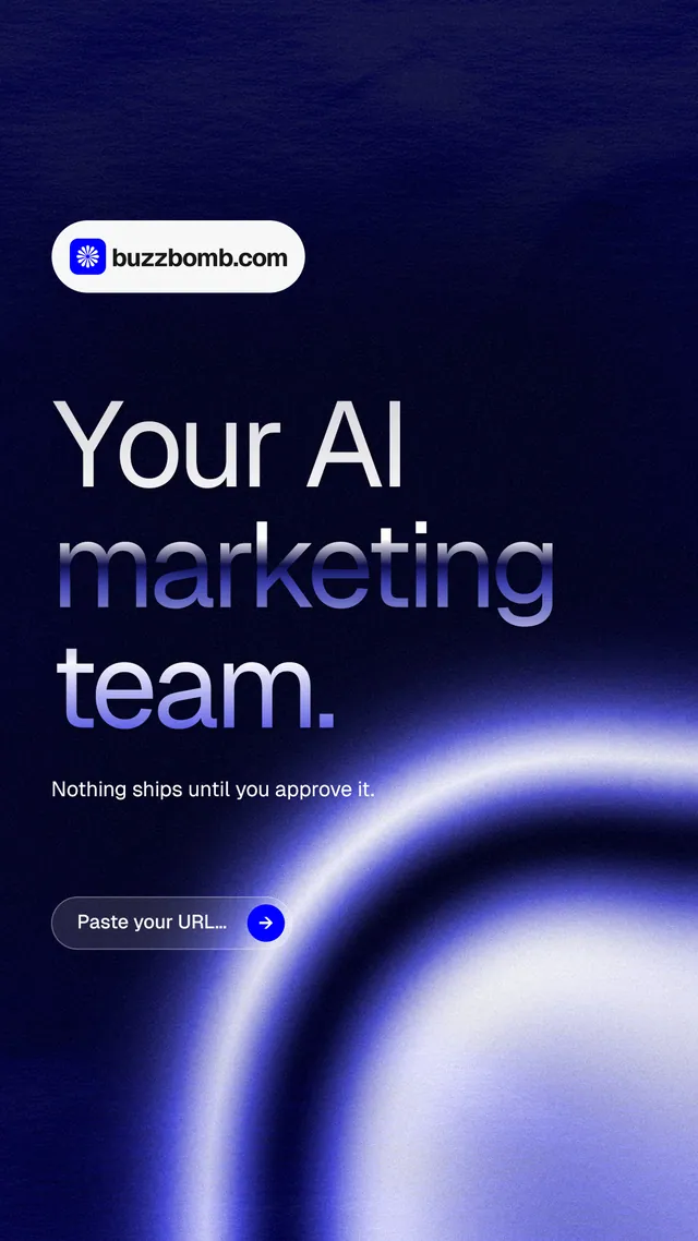 Instagram story for BuzzBomb: "Your AI marketing team." Agentic glass style, announce layout, dark palette in blue, black.