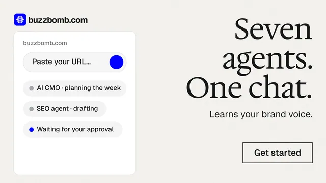Landscape graphic for BuzzBomb: "Seven agents. One chat." Editorial style, right layout, light palette in white, grey.