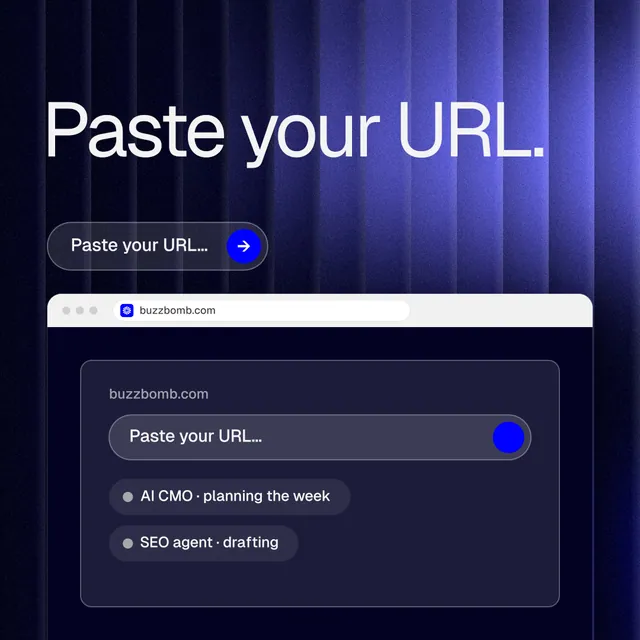 Instagram post for BuzzBomb: "Paste your URL." Agentic glass style, browser layout, dark palette in blue, black.