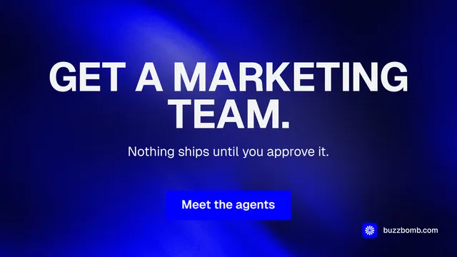 Landscape graphic for BuzzBomb: "Get a marketing team." Swiss style, centred layout, dark palette in blue.