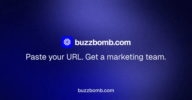 Social ad for BuzzBomb: "Distribution, solved." Minimal luxury style, end card layout, dark palette in blue.
