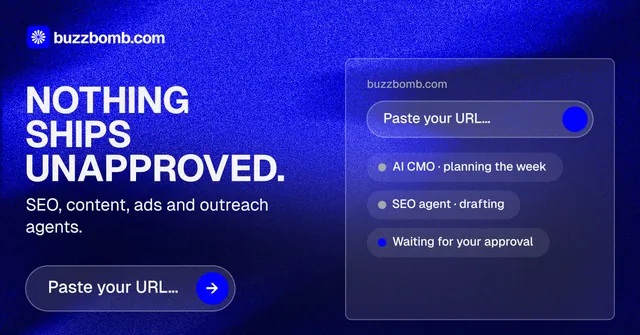 Social ad for BuzzBomb: "Nothing ships unapproved." Agentic glass style, bottom layout, dark palette in blue.