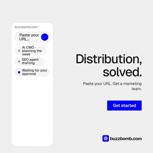 Instagram post for BuzzBomb: "Distribution, solved." Swiss style, right layout, light palette in white, blue.