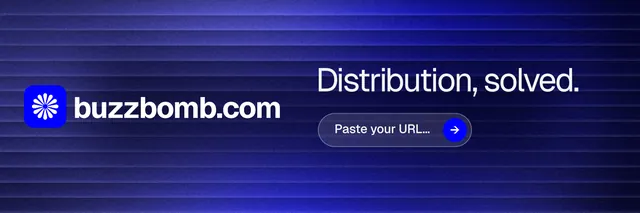 X header for BuzzBomb: "Distribution, solved." Agentic glass style, logo hero layout, dark palette in blue.