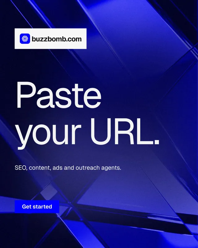 Instagram portrait post for BuzzBomb: "Paste your URL." Swiss style, announce layout, dark palette in blue, black.