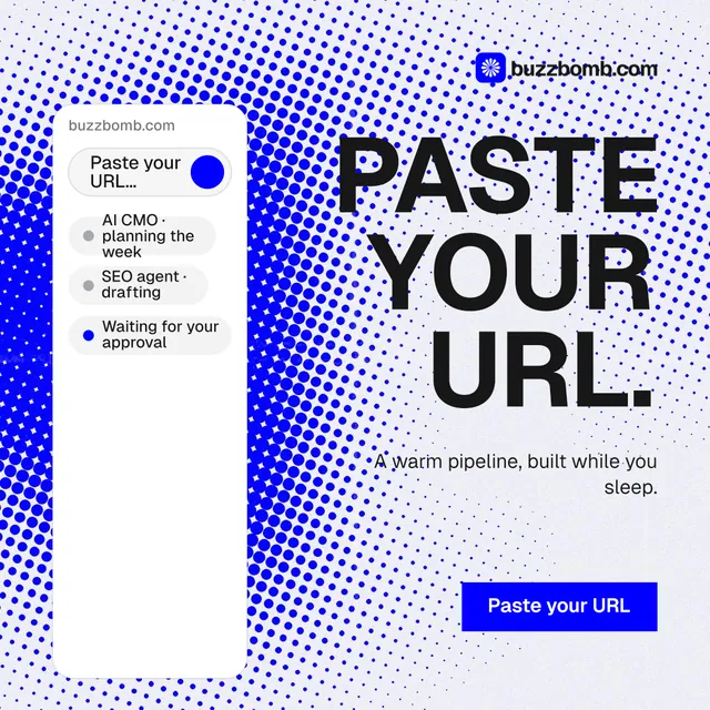 Instagram post for BuzzBomb: "Paste your URL." Swiss style, right layout, light palette in white, blue.