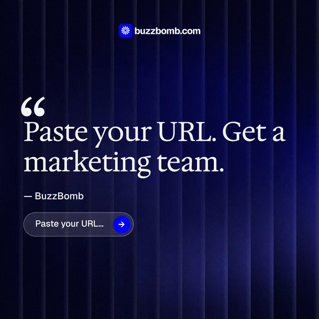 Instagram post for BuzzBomb: "Seven agents. One chat." Agentic glass style, quote layout, dark palette in black, blue.