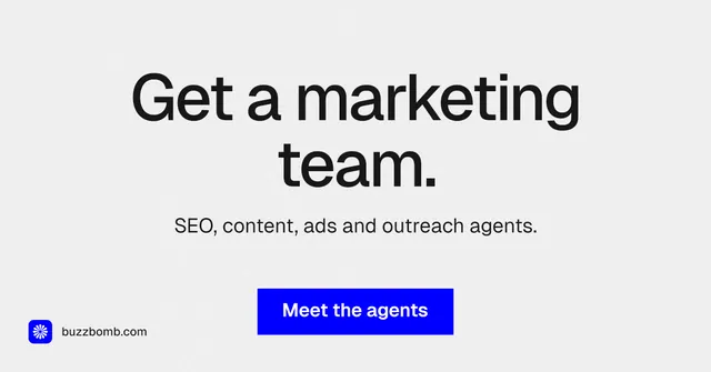 Social ad for BuzzBomb: "Get a marketing team." Swiss style, centred layout, light palette in white, blue.