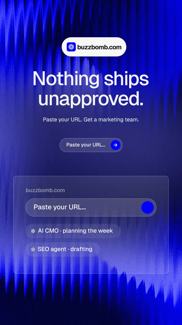 Instagram story for BuzzBomb: "Nothing ships unapproved." Agentic glass style, centred layout, dark palette in blue.