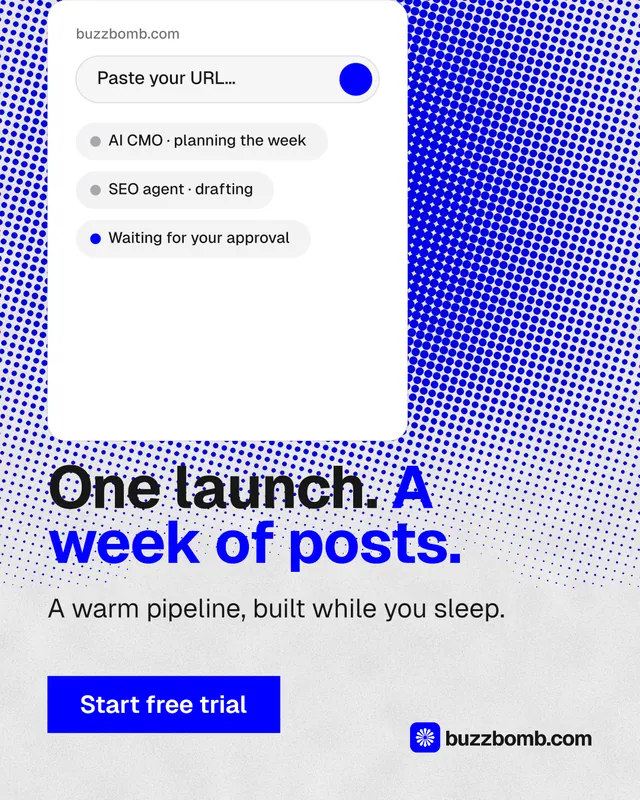 Instagram portrait post for BuzzBomb: "One launch. A week of posts." Swiss style, skeleton layout, light palette in white, blue.