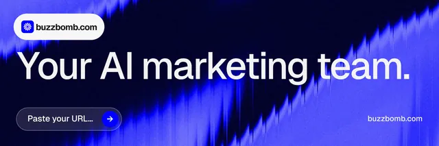 X header for BuzzBomb: "Your AI marketing team." Agentic glass style, poster layout, dark palette in blue, black.