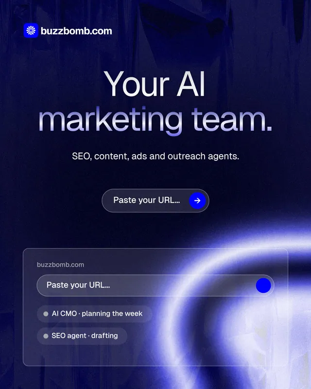 Instagram portrait post for BuzzBomb: "Your AI marketing team." Agentic glass style, centred layout, dark palette in blue, black.