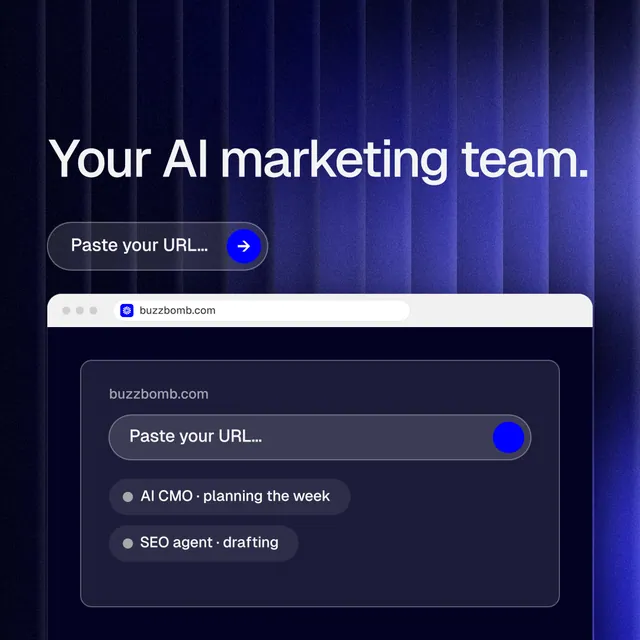 Instagram post for BuzzBomb: "Your AI marketing team." Agentic glass style, browser layout, dark palette in black, blue.
