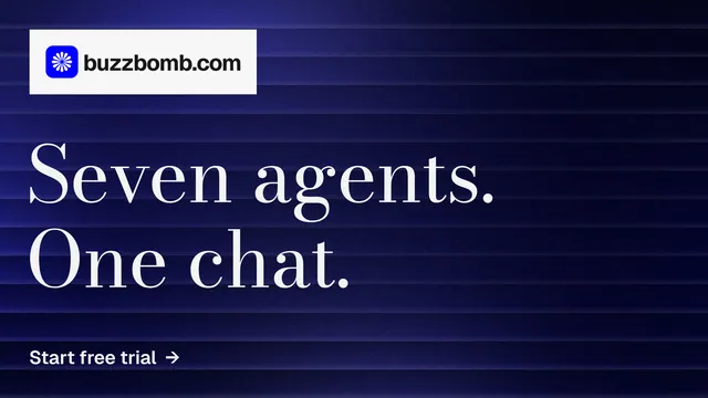 Landscape graphic for BuzzBomb: "Seven agents. One chat." Minimal luxury style, announce layout, dark palette in black, blue, grey.