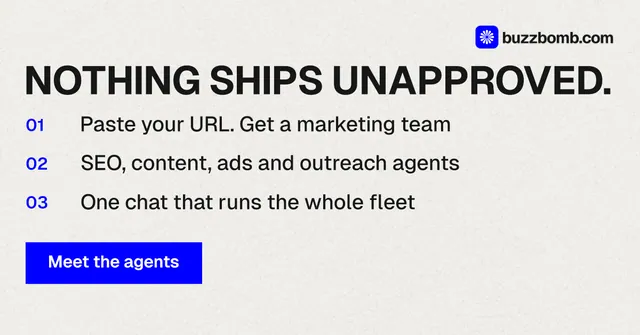 Social ad for BuzzBomb: "Nothing ships unapproved." Swiss style, numbered layout, light palette in white, grey.