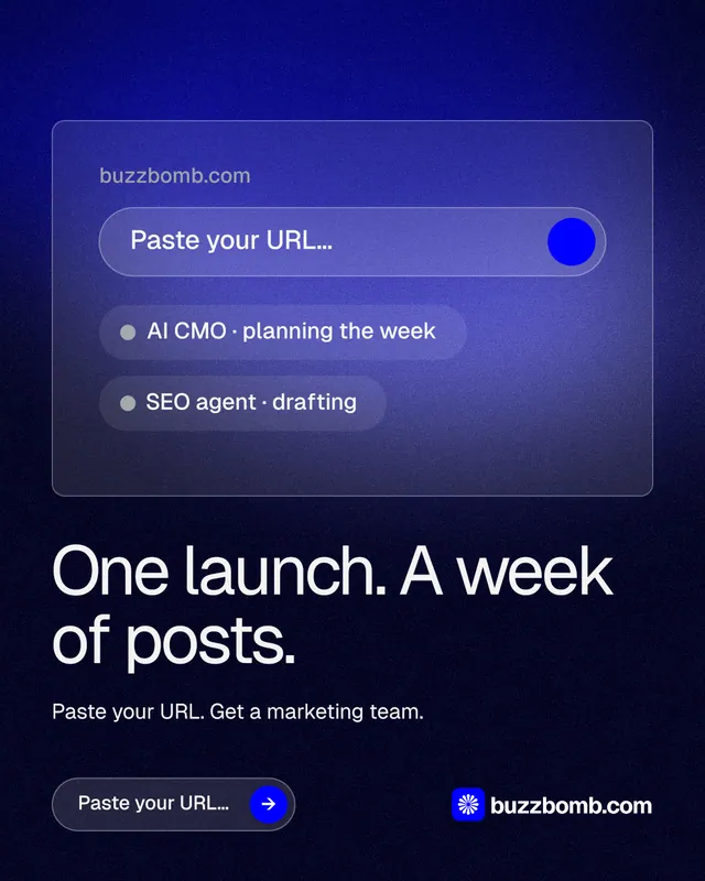 Instagram portrait post for BuzzBomb: "One launch. A week of posts." Agentic glass style, bottom layout, dark palette in black, blue.