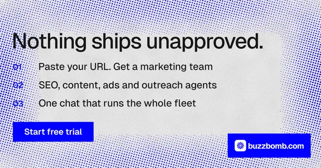 Social ad for BuzzBomb: "Nothing ships unapproved." Swiss style, numbered layout, light palette in blue, white.