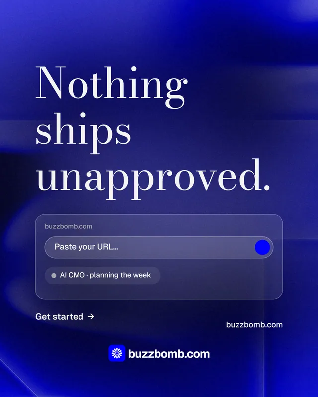Instagram portrait post for BuzzBomb: "Nothing ships unapproved." Minimal luxury style, poster layout, dark palette in blue.