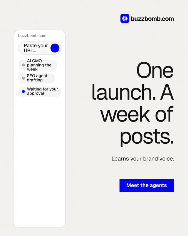 Instagram portrait post for BuzzBomb: "One launch. A week of posts." Swiss style, right layout, light palette in white.