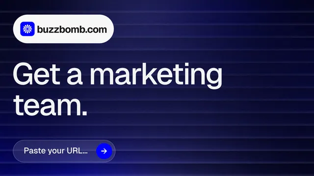 Landscape graphic for BuzzBomb: "Get a marketing team." Agentic glass style, announce layout, dark palette in black, blue, grey.