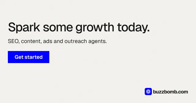 Social ad for BuzzBomb: "Spark some growth today." Swiss style, skeleton layout, light palette in white, blue.