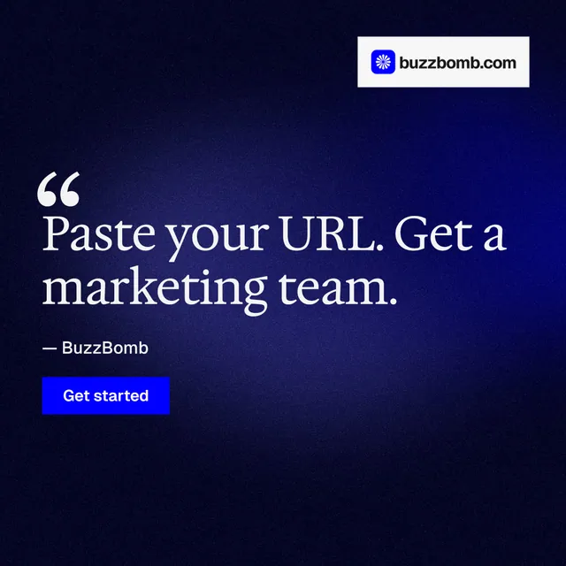 Instagram post for BuzzBomb: "Distribution, solved." Swiss style, quote layout, dark palette in black, blue.