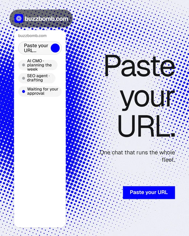 Instagram portrait post for BuzzBomb: "Paste your URL." Swiss style, right layout, light palette in white, blue.
