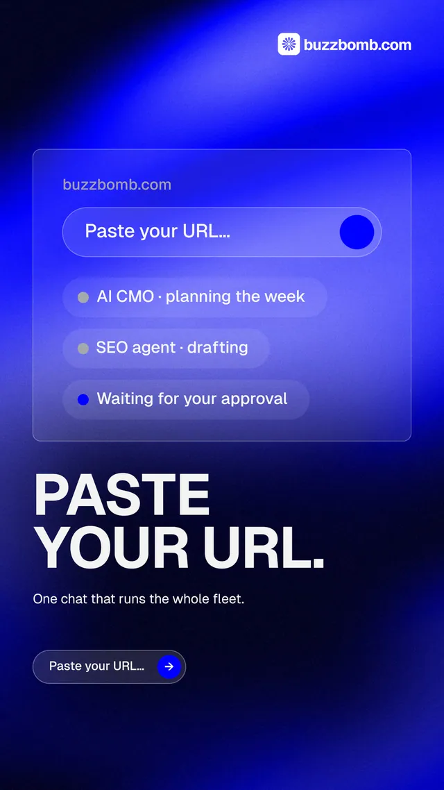 Instagram story for BuzzBomb: "Paste your URL." Agentic glass style, bottom layout, dark palette in black, blue.