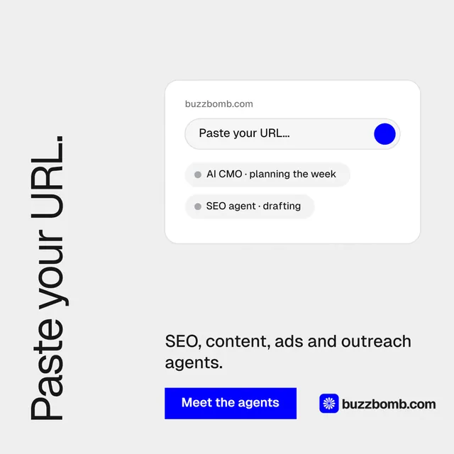 Instagram post for BuzzBomb: "Paste your URL." Swiss style, vertical layout, light palette in white, blue.