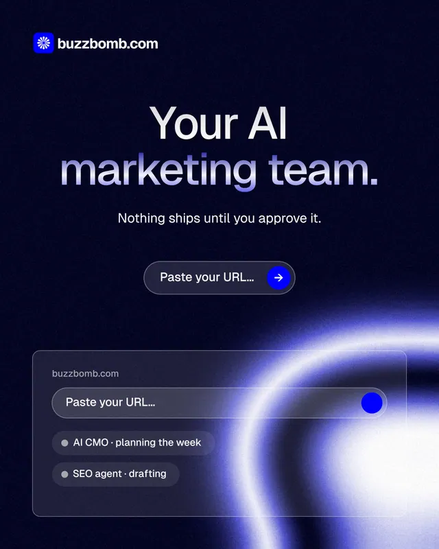 Instagram portrait post for BuzzBomb: "Your AI marketing team." Agentic glass style, centred layout, dark palette in black, blue.