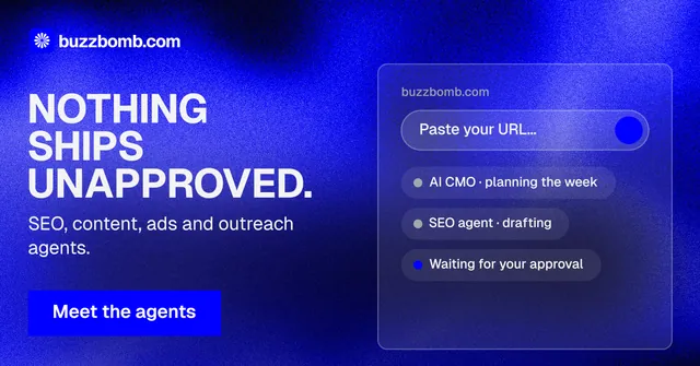 Social ad for BuzzBomb: "Nothing ships unapproved." Swiss style, bottom layout, dark palette in blue.