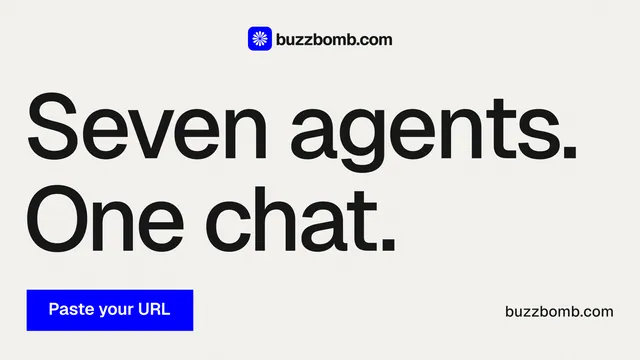 Landscape graphic for BuzzBomb: "Seven agents. One chat." Swiss style, poster layout, light palette in white, grey.