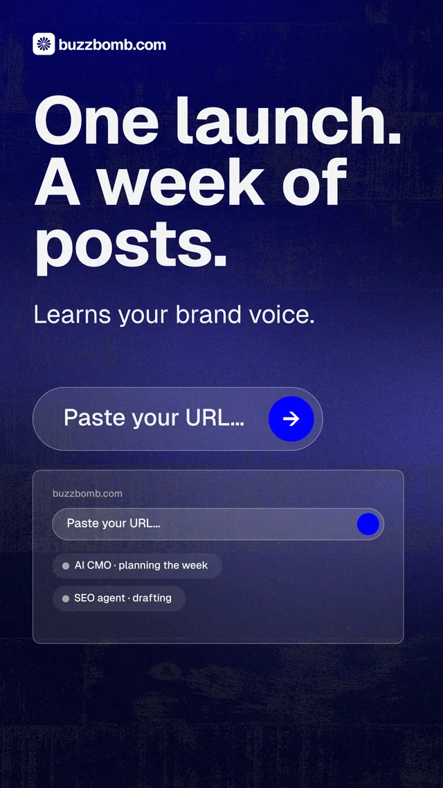Instagram story for BuzzBomb: "One launch. A week of posts." Agentic glass style, skeleton layout, dark palette in blue, black, grey.