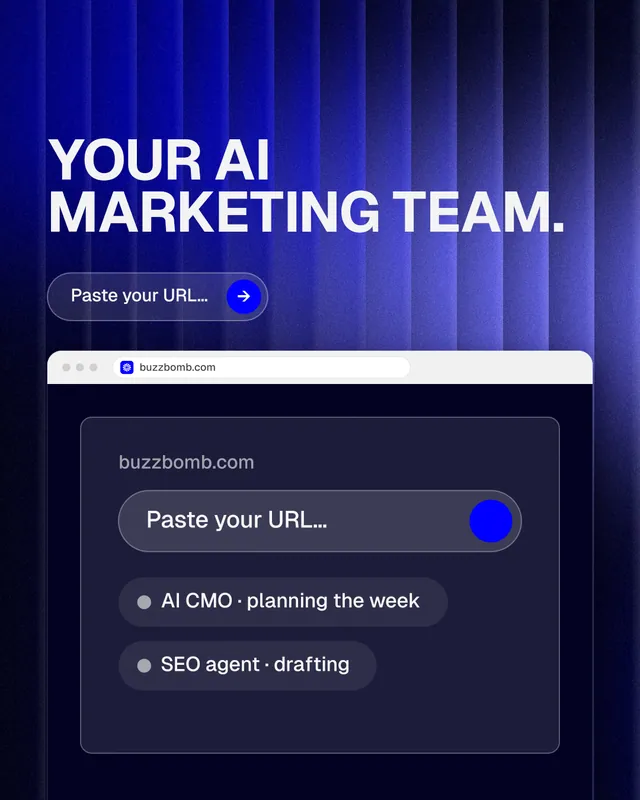 Instagram portrait post for BuzzBomb: "Your AI marketing team." Agentic glass style, browser layout, dark palette in blue, black.