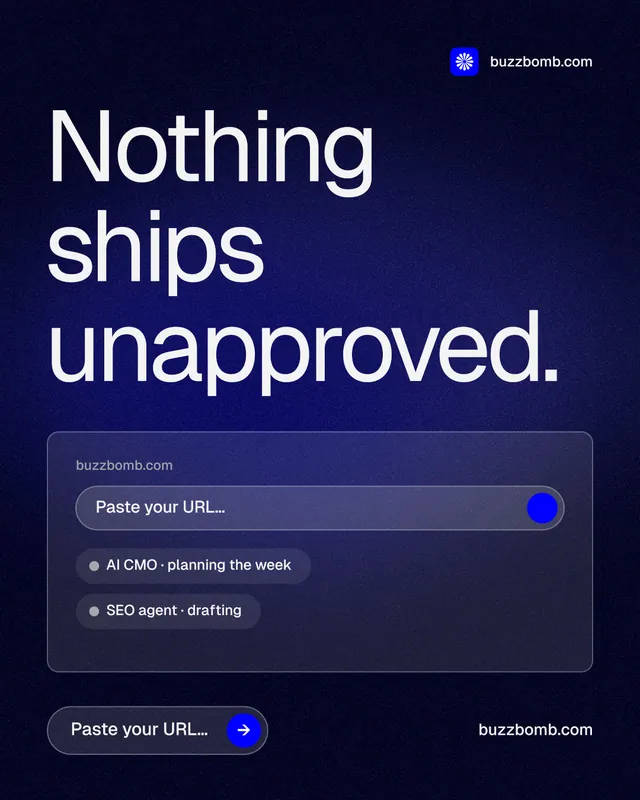 Instagram portrait post for BuzzBomb: "Nothing ships unapproved." Agentic glass style, poster layout, dark palette in black, blue.
