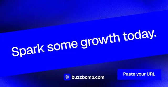 Social ad for BuzzBomb: "Spark some growth today." Swiss style, diagonal layout, dark palette in blue.