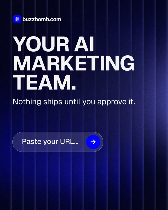 Instagram portrait post for BuzzBomb: "Your AI marketing team." Agentic glass style, skeleton layout, dark palette in black, blue, grey.