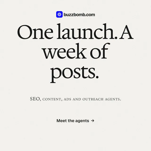 Instagram post for BuzzBomb: "One launch. A week of posts." Swiss style, smallcaps layout, light palette in white, grey.