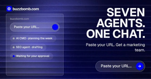 Social ad for BuzzBomb: "Seven agents. One chat." Agentic glass style, right layout, dark palette in black, blue.